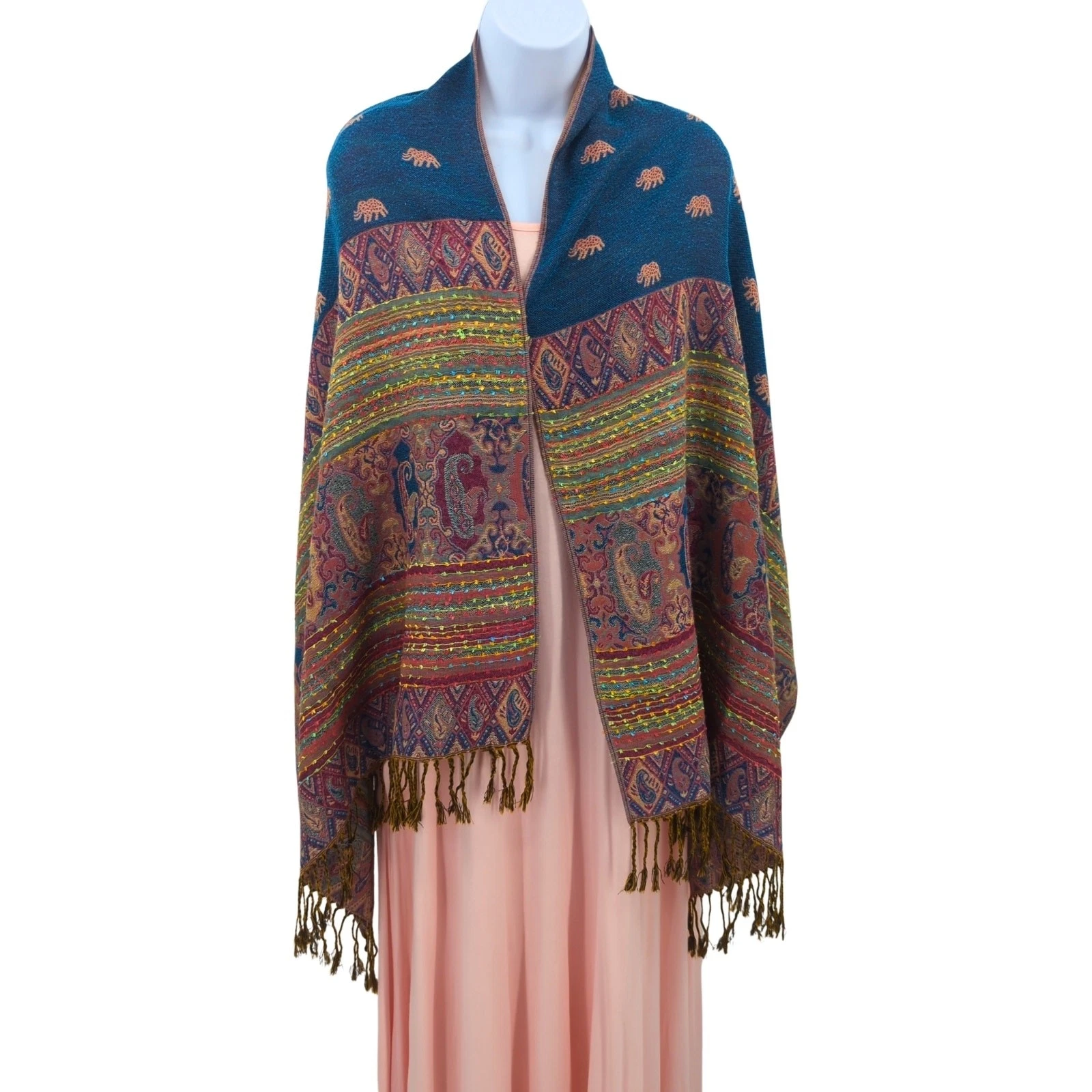 Embroidered Paisley Elephant Pattern Boho Scarf Shawl Wrap Fringe 26x64 Artisan