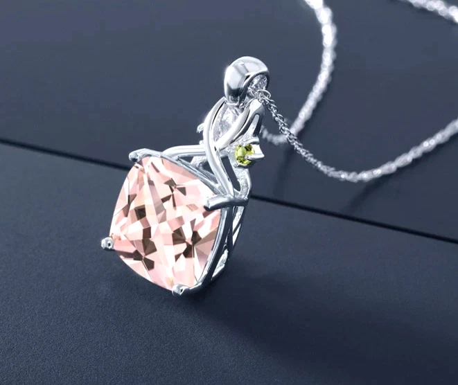 925 Sterling Silver 4.36 Carat Cushion Peach Morganite and Peridot Women Pendant - Image 3 of 4