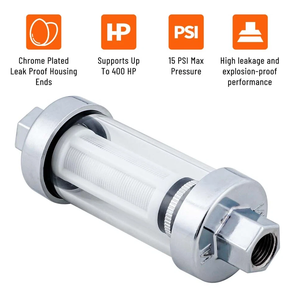 Universal 3/8" 1/4" 5/16" Accesorios Cromo Gas Vidrio Reutilizable Filtro de Combustible en Línea Foto 4 de 4