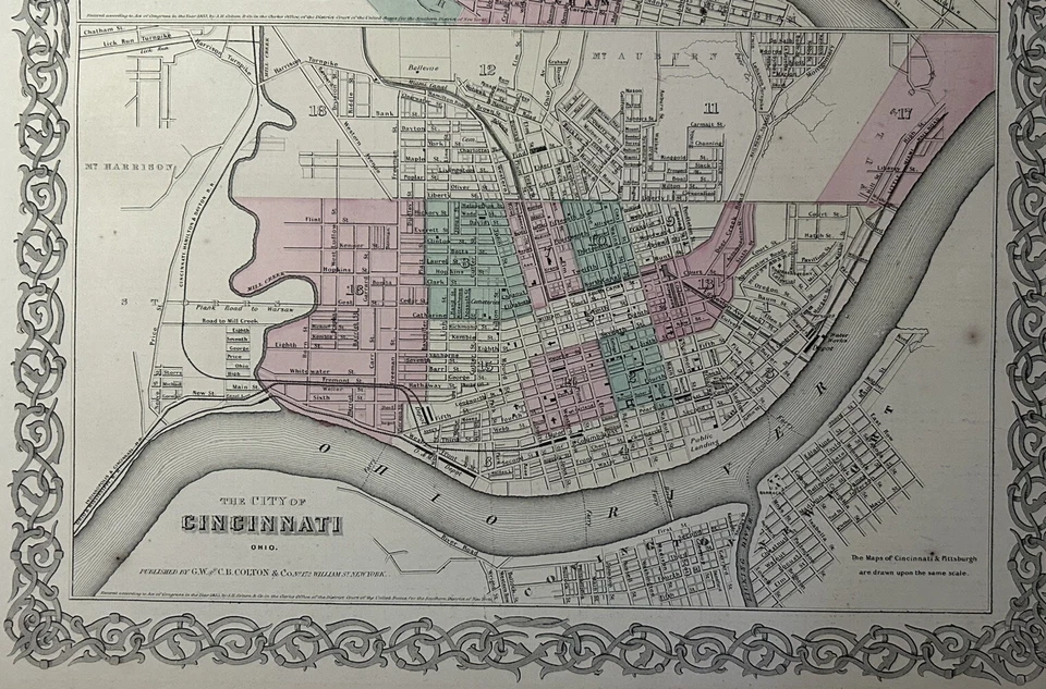 Mapa antiguo coloreado a mano planos de Pittsburgh y Cincinnati de 1870 de 17" x 14" Foto 3 de 3