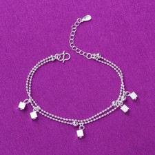 Womens 925 Sterling Silver Square Box Foot Link Chain Ankle Bracelet A55