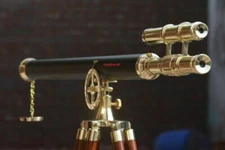 Telescope With Wooden Tripod Stand Brass Antique Nautical Floor Standing 39 Inch