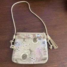 Vtg Chinese Tea Silk Handbag Oriental Floral Design Gold Fabric Hand-made Rare 
