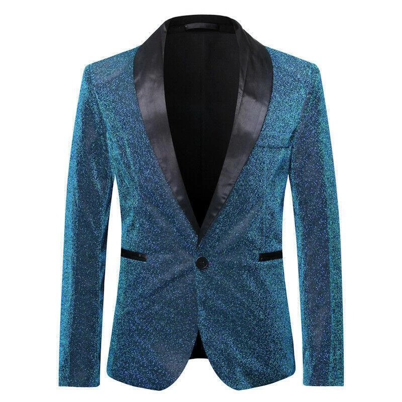 Sequin Men's Lapel Dress Blazer One Button Jacket Glitter Coat Clubwear Slim Fit - Image 2 of 4