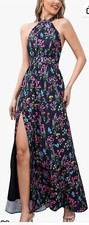 Uryiao Floral M Black Halter Split Dress Sleeveless Maxi Backless Tie Pink