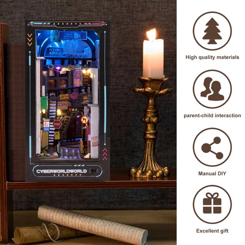 DIY Book Nook Kit 3D Wooden Puzzle Bookshelf Insert Decor with LED