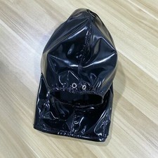 Black Latex Leather Hood Head Wetlook Headgear Open Mouth Mask Zip Sensory