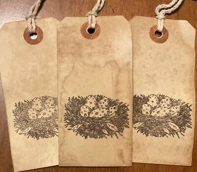 Set of 3 Lg. Primitive Birds Nest Hang Tags Bird Nest Speckled Eggs Hang Tags