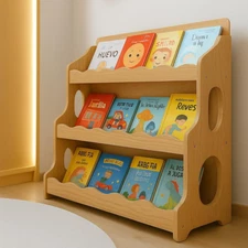 Kids Book Shelf Wooden Montessori Bookshelf Dutch Design 3Tier Scalloped,Natural