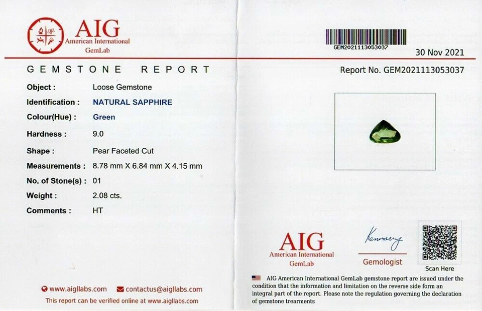 AIG Certified VS 2.08Ct Natural Green Sapphire Heated Pear Cut Loose Gemstone - Image 2 of 2