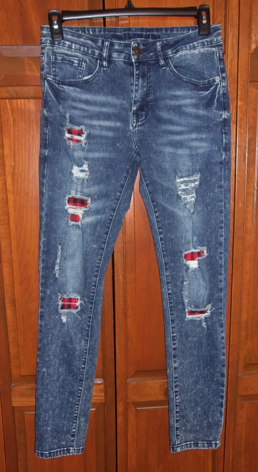 Jean homme Rue 21 Premium Skinny Supreme Flex rouge vieilli à carreaux/bleu 28x32