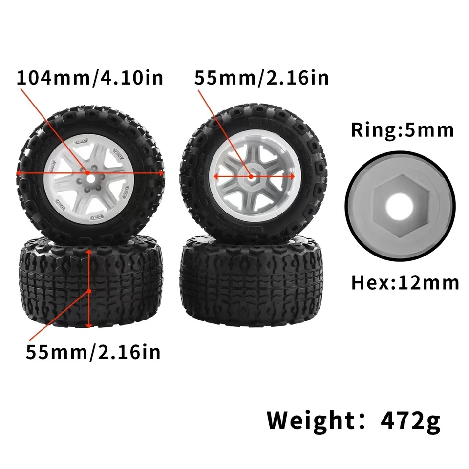 4PCS Wheel Rim Tires Set For 1/16 1/14 1/12 RC Racing Truck Monster Truck Upgrad - Image 2 of 4