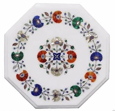 12" Marble Side Table Top Semi Precious Stone Inlay Handicraft 