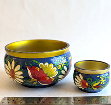VTG Folk Art Floral Hand Painted Bowls USSR Blue, Gold, Red Lacquared Set (2)