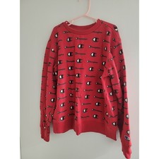 Champion Boys Red Pull Over Crew Neck All Over Logo Sweater Size M