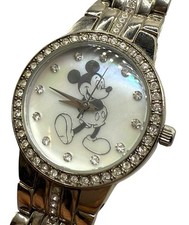 Disney Parks Mickey Mouse Watch Silver Tone Link Crystals MOP Dial New Battery