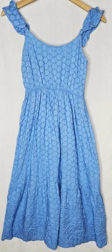 Jessica Simpson Blue Eyelet Sleeveless Midi Dress Ruffle Straps Women’s XS