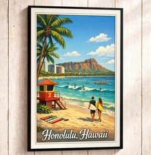 Honolulu Hawaii Waikiki Beach Travel Poster Diamond Head Tropical Wall Art