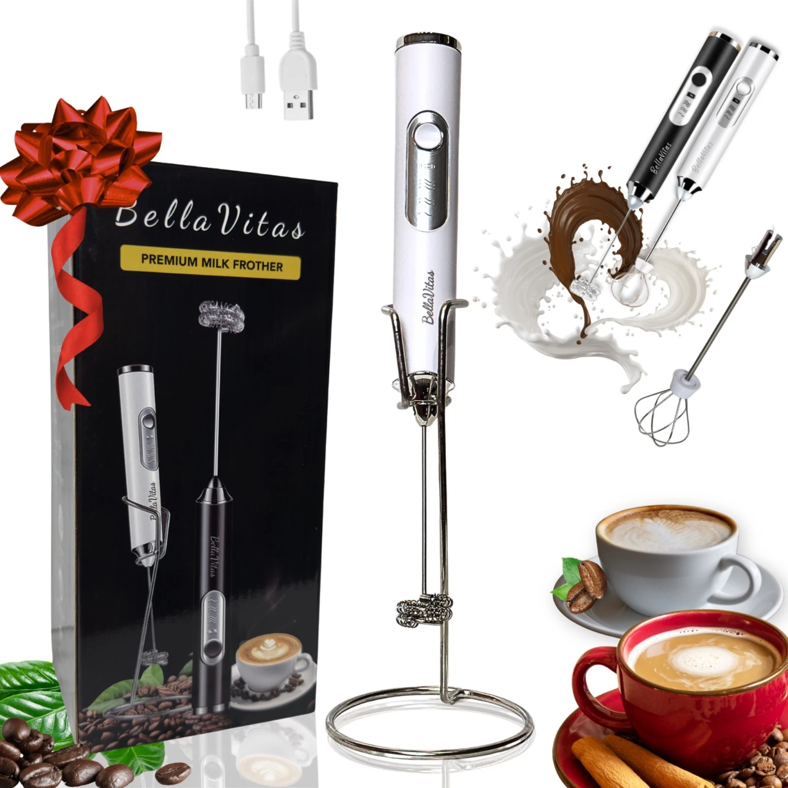 BellaVitas Electric Milk Frother Handheld Rechargeable 3-Speed Coffee Foam Maker