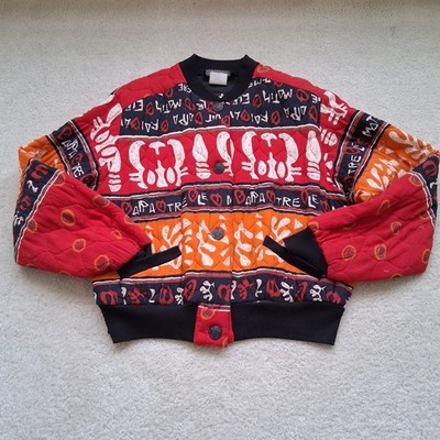 VTG 80 90s Carole Little Sport Quilted Bomber Jacket Red Black Tribal Boho Artsy