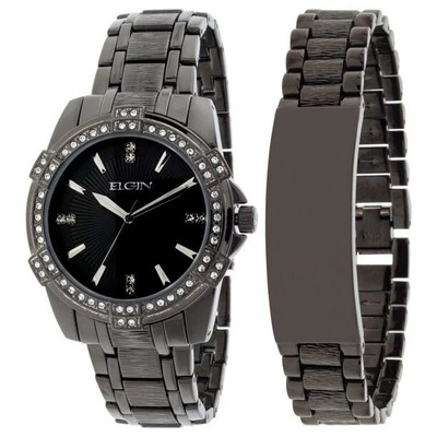 Elgin Man Black-tone Many Austrian Crystals Dress Watch And Bracelet FG10009GNST
