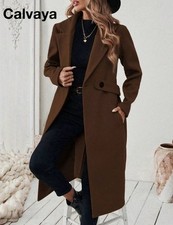 Flat Collar Solid Color Pocket with Belt Long Sleeve Autumn/Winter Coat
