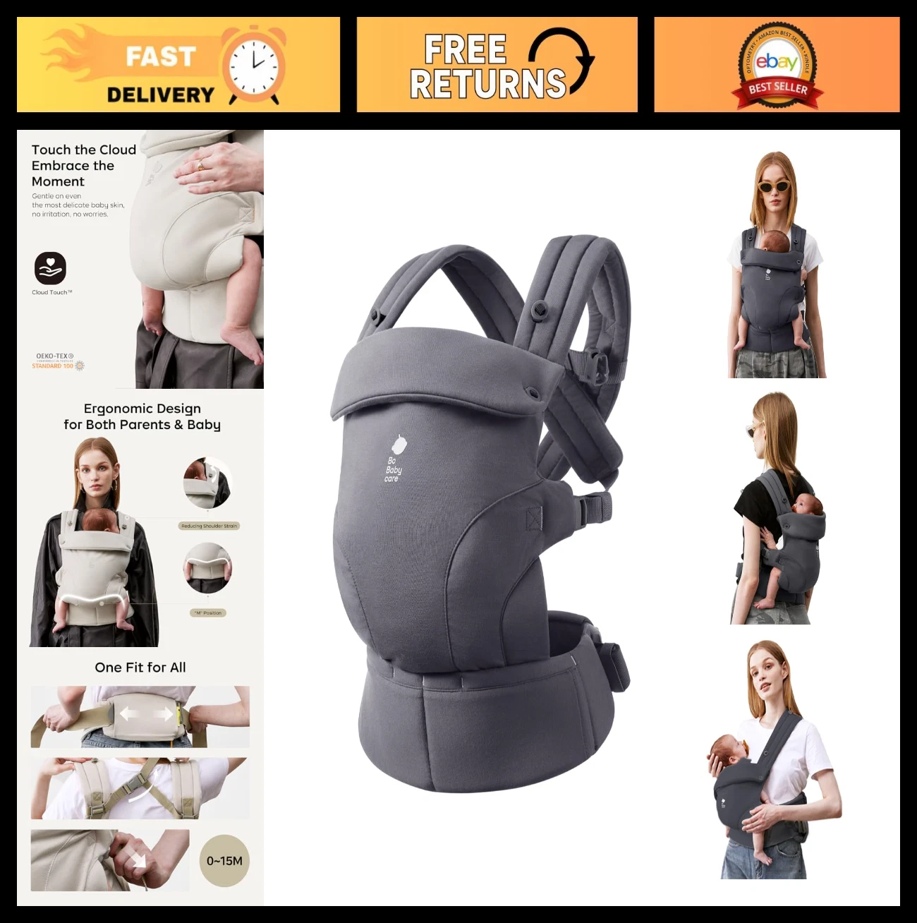 Ergonomic Baby Carrier - Soft & Adjustable, Travel-Ready, Machine Washable, 7-44