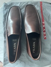PRADA Men's Brown Leather Slip-On Dress Shoes, Square Toe, Logo Accent