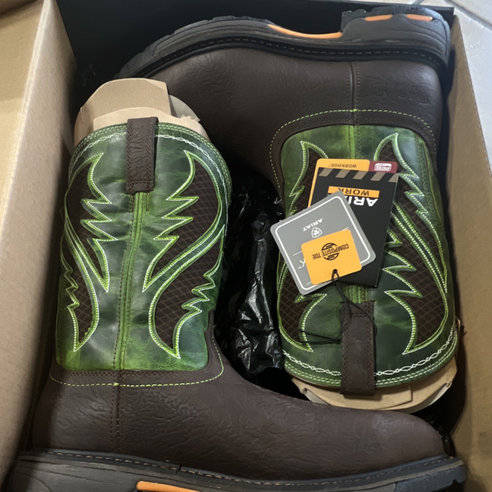 's Western Leather Work Boots Brown Green