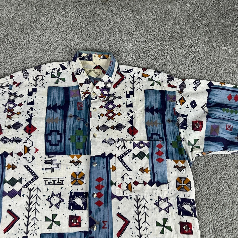 VINTAGE Natural Issue Shirt Mens Large Linen Blend Aztec Navajo Tribal Print - Image 3 of 4