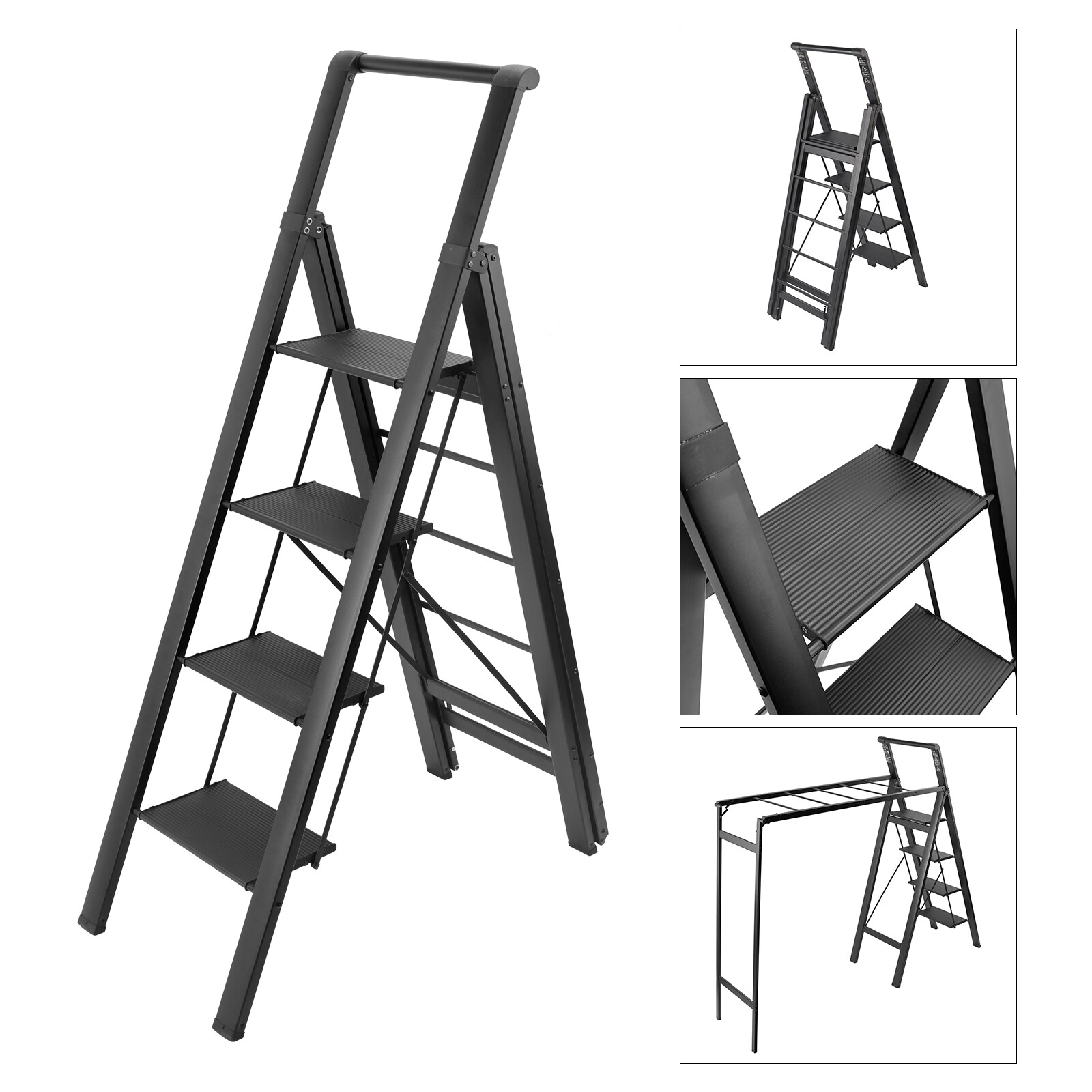 Foldable 4-Step Ladder Drying Rack Non-Slip Holds 330lb for Clothes Shoes