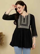Indian Women Black Rayon Embordered Solid Top Tunic Kurta Kurti New Dress