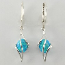 Oval Blue FIRE OPAL Swirl Dangle Leverback Earrings - 925 STERLING SILVER 2073e