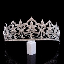 5cm Tall White Flower Clear Crystal Big Tiara Crown Wedding Prom Queen For Women