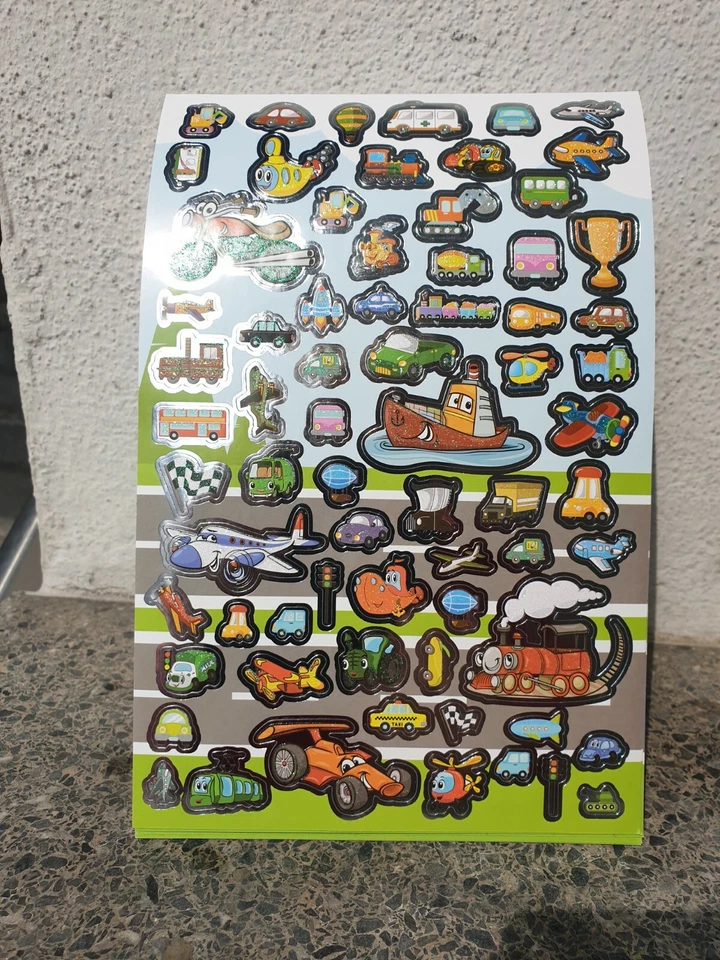 250 Glitzer Sticker Fahrzeuge Verkehr Autos Eisenbahn Flugzeug Polizei Feuerwehr - Bild 3 von 4