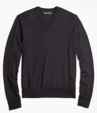 Brooks Brothers Saxxon Wool V Neck Sweater Black NWT $148