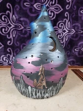 Native American Style Pottery - Wolf Howling at the Moon - Hand Painted - Holes