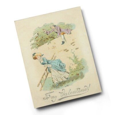 A6 DRUCK - Vintage Valentinstag - Frau hält Leiter, Mann klettert über Wand