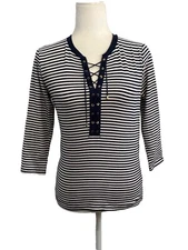 Lauren Ralph Lauren Laced Up Striped Blouse 3/4 Sleeve Women Size Medium 