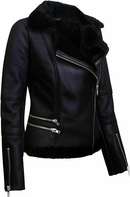 Women B3 Bomber RAF Black Aviator Flying Fur Shearling Coat Real Leather Jacket