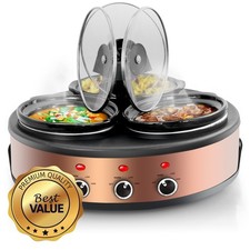 Megachef Mc-1103 Round Triple 1.5 Quart Slow Cooker And Buffet Server In