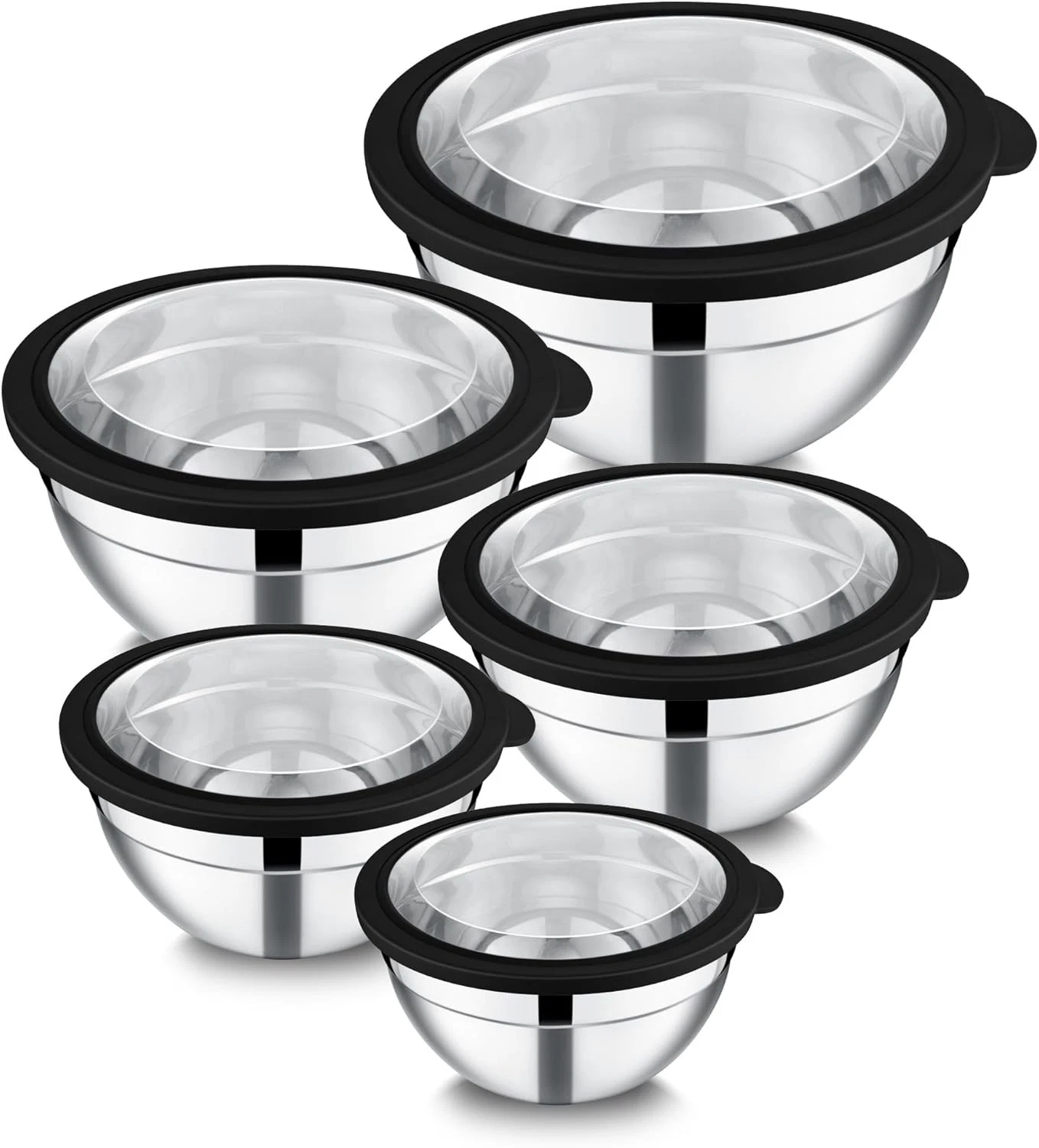 Joyfair 5-Piece Stainless Steel Mixing Bowl Set with Lids, Black, 0.7-4.6QT