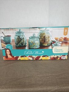 The Pioneer Woman Canister Set Embossed Cassie Teal 3-Pieces Kitchen Storage NEW