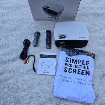 Mini LED Projector Nicpow RD850 White w/ 100 inch Screen Remote HDMI AV Cable