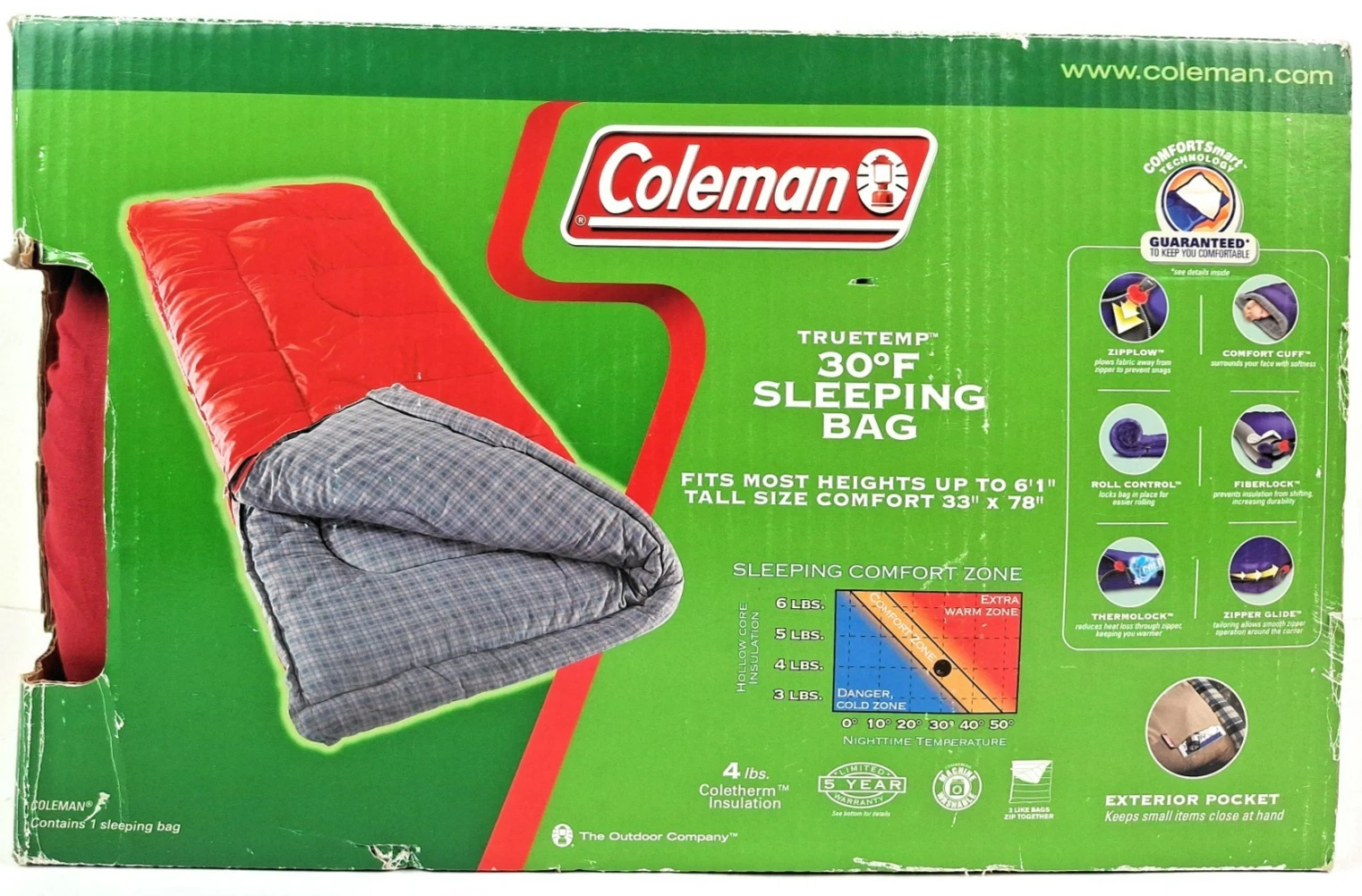 New Coleman Truetemp Tall Sleeping Bag 33" X 78" Down to 30 Degrees New
