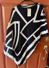 NEW w Tags Mille Collines Navy And White Pullover Cotton Knit Poncho O/S Africa