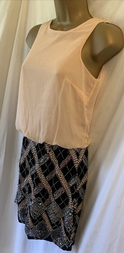 Lipsy Sheer Peach & Black Heavily Sequined Size 8 Short Party Summer Y2K Dress - Picture 11 of 11