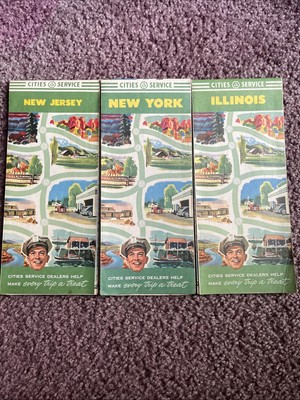 GAS STATION OIL  CITIES SERVICE  ROAD MAPS of NEW YORK NEW JERSEY & ILLINOIS