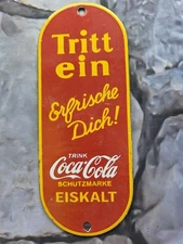 VINTAGE GERMAN TRINK COCA-COLA DOOR PUSH PORCELAIN SIGN  SODA COKE  6"x3.5" !