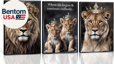 3Pcs Lion Wall Art with Crown Lion Family Canvas Prints Posters Wild Animal Pict